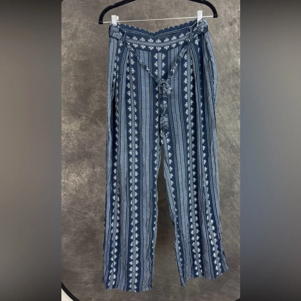 Bebop Blue & White Boho Wide Leg Pants XL | Tie Waist Pockets Rayon Summer - Picture 3 of 6